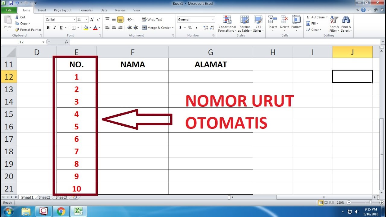 cara mengurutkan nomor di excel